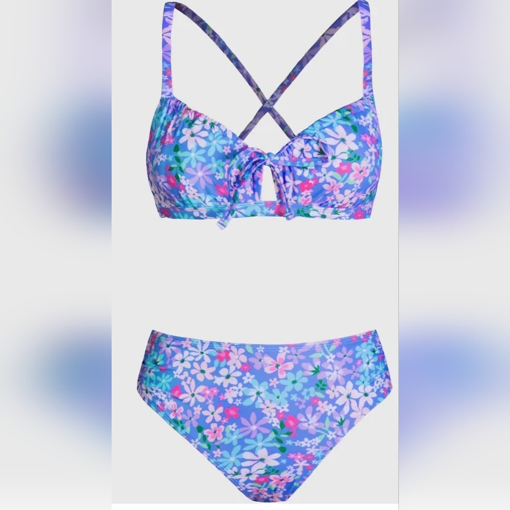 Cupshe-Arty Petals Shirred Lace Back Bralette & Mid Rise Blue Bikini Set